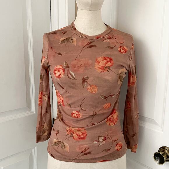 Vintage Sweet Pea Top Medium Mesh Y2K Floral Leaves Tan Fall Tan - Picture 3 of 5